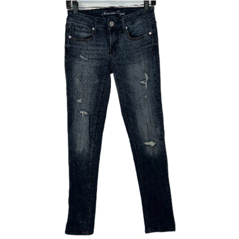 American Eagle Size 0 Women Dark Wash Black Jeweled Pocket Denim Skinny Jean